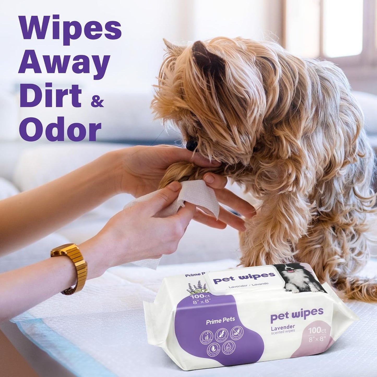 PrimePets Dog Wipes for Paws and Butt, 100 Count, 8" x 8" Hypoallergenic Pet Wipes for Dogs Cats Cleaning Deodorizing, Lavender Scented, Thick Puppy Wipes for Ears, Eyes, Body and Teeth