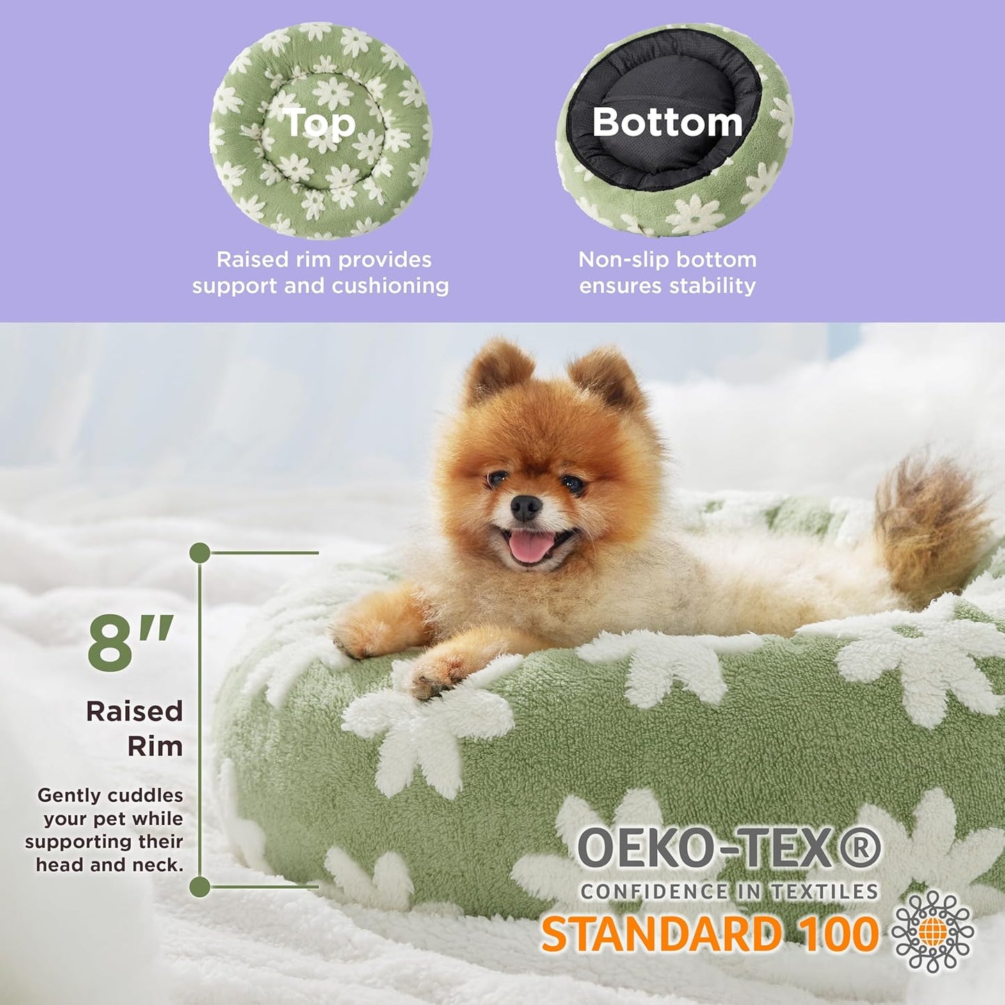 LE SURE Small Dog and Cat Bed - Round Calming Beds, Cute Modern Design with Jacquard Shaggy Plush, Anti-Slip Bottom, 23 Inch, Green - Pet Explorer