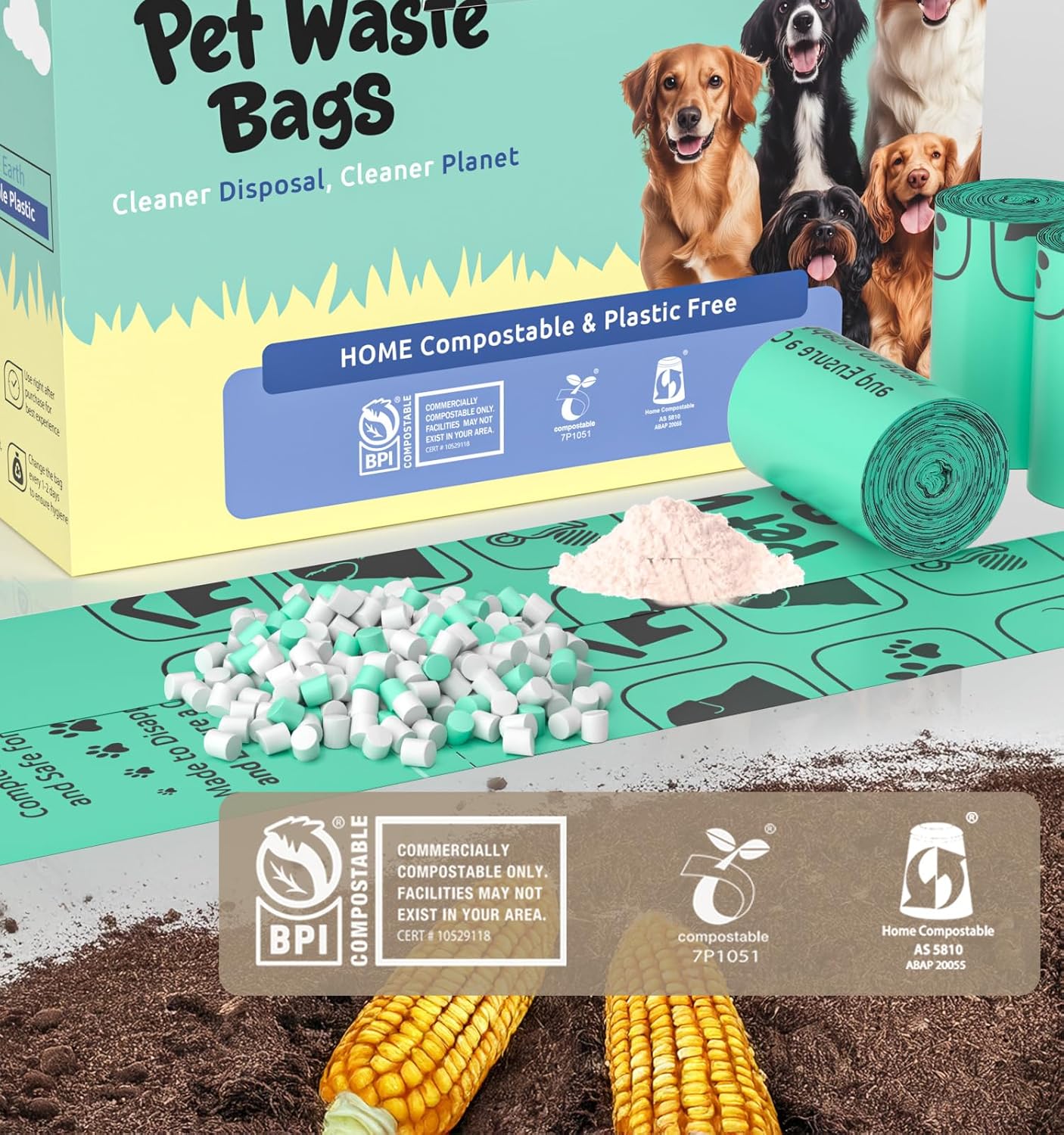 100% Compostable Dog Poop Bags, 270Count Value Pack, BPI Certified, Biodegradable Leakproof Thick Poop Bags for Dogs with Dispenser, Plant-Based, ASTM D6400 & EN 13432 Compliant Pet Waste Bag - Pet Explorer