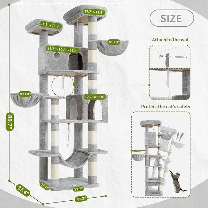 Tall Cat Tree, Large Cat Tower for Adult Cats, 80.7'' (205cm) Heavy-Duty Cat Tree House for Indoor Cats 20 lbs+ with Scratching Posts, 2 Top Perches/Condos, Hammcok, Light Gray GCT034W