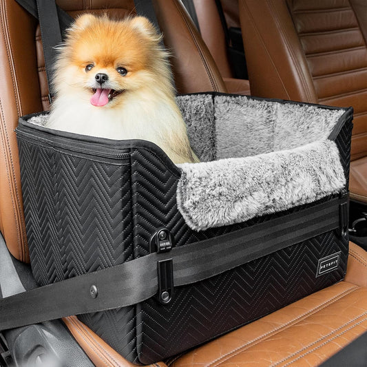 PETSFIT Small Dog Car Seat, Waterproof PU Leather Dog Carseat with Patent Safe Buckles, Clip-On Leash, Car Seat for Dogs, Cats Up to 25 lbs (Glossy Black) - Pet Explorer