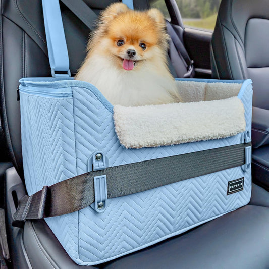 PETSFIT Dog Car Seat Medium Sized Dog, Stable Small Dog Car Seat for Car with Clip-On Leash, Fleece Liner Suitable for Small Pets Up to 25lbs (Blue) - Pet Explorer
