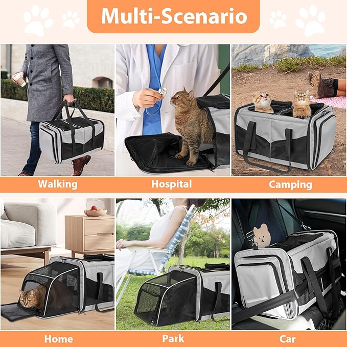 Large Cat Carrier for 2 Cats, Expandable Cat Carrier with Litter Box, Pet Carrier for Car Travel Built-in Removable Divider, Foldable Soft Cat Crate with Breathable Mesh with Breathable Mesh, Grey