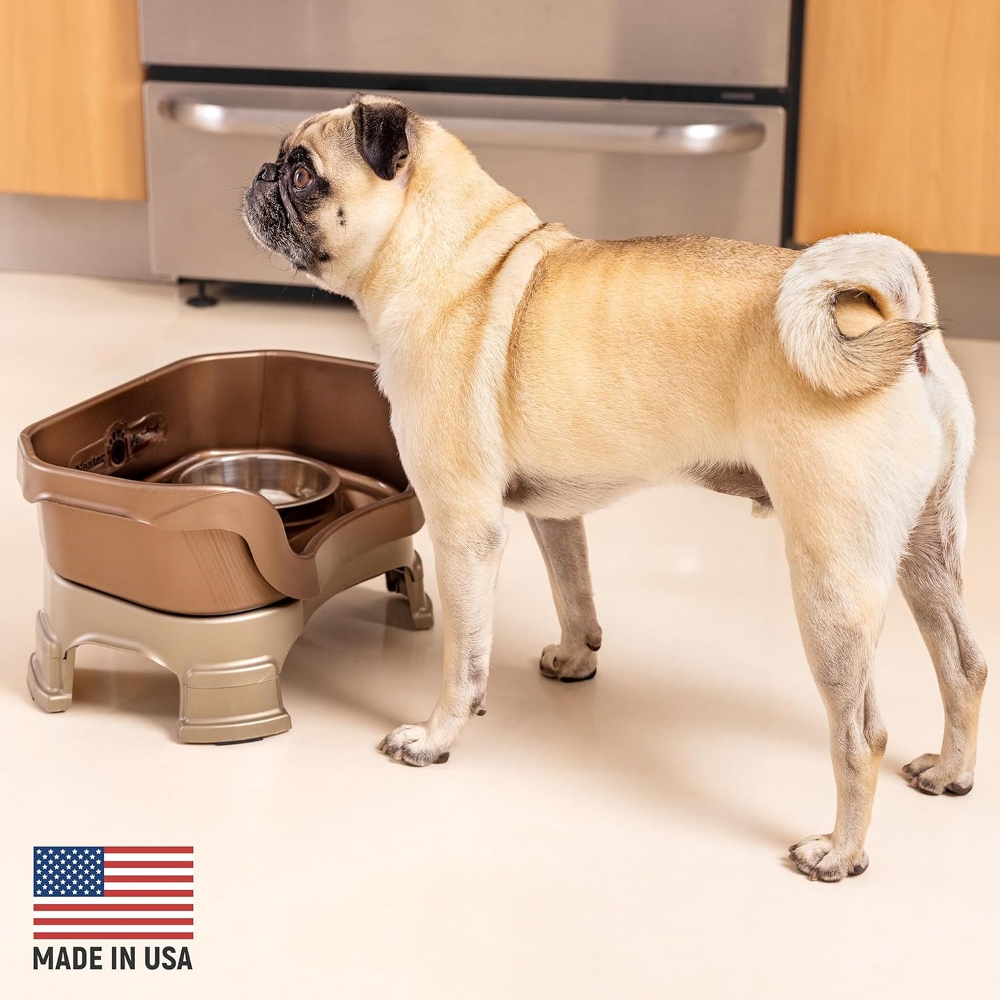 Neater Feeder Deluxe Mess Proof Dog Bowls Elevated for Small Breeds – Made in USA – No Spill Raised Dog Food Bowl Stand w/Leg Extensions – Stainless Steel Dog Food and Water Bowl Set – Bronze - Pet Explorer
