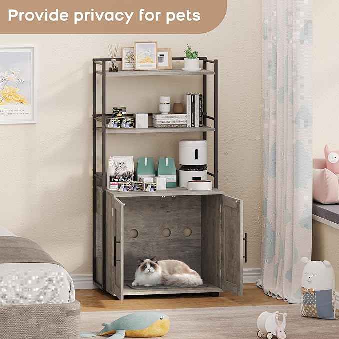 Cat Litter Box Enclosure, Hidden Litter Box Furniture with 3 Storage Shelves and Doors, Rustic Indoor Cat Cabinet, Multi-Functional Storage for Food, Cats Toilet Furniture
