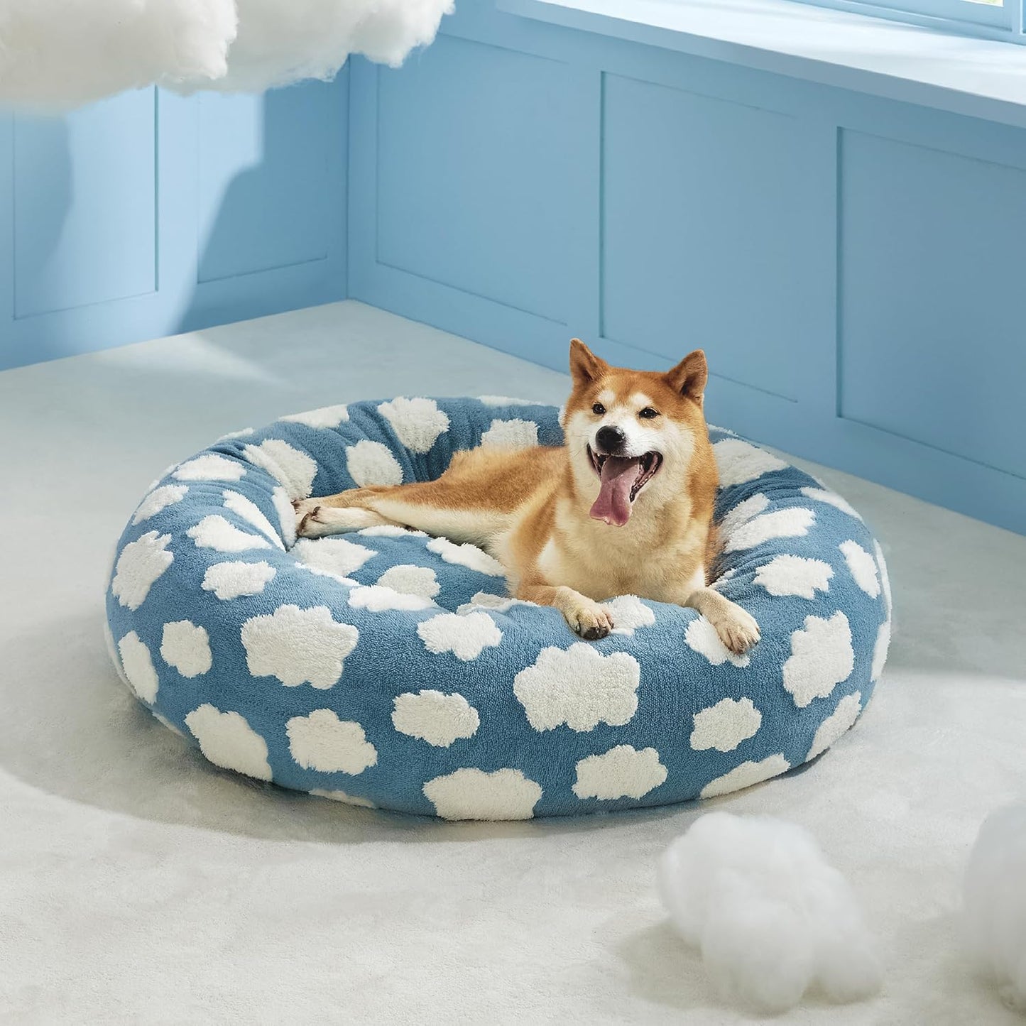 LE SURE Donut Dog Beds Large Sized Dog - Round Pet Beds for Calming Puppy with Washable Cover, Orthopedic Modern Beds with Jacquard Shaggy Plush & Anti Slip Bottom, 36 Inch，Blue - Pet Explorer