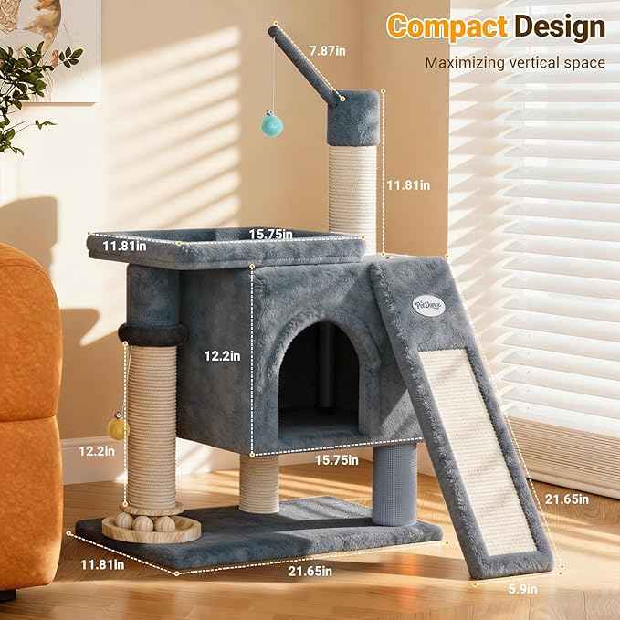 PetDance 37in All-in-1 Small Cat Tree for Indoor Cats | Space-Saving Cat Tower with Cozy Condo, Cat Window Perch, Sisal Scratching Posts, Interactive Ball Track Toy & Self-Grooming Brush,Light Gray