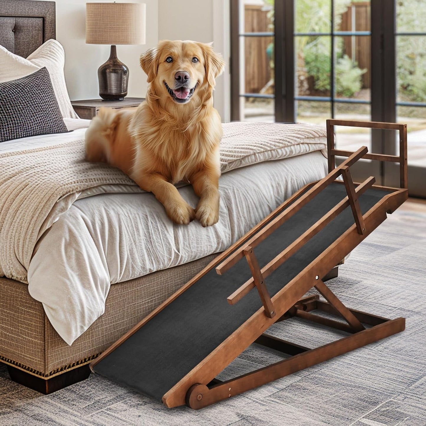 Dog Ramp, 5 Level Adjustable Wooden Folding Pet Ramp for Middle Bed, Couch,SUV-High Traction, Portable Paw Ramps for Small & Large Old Dogs & Cats - Furniture Quality - Pet Explorer