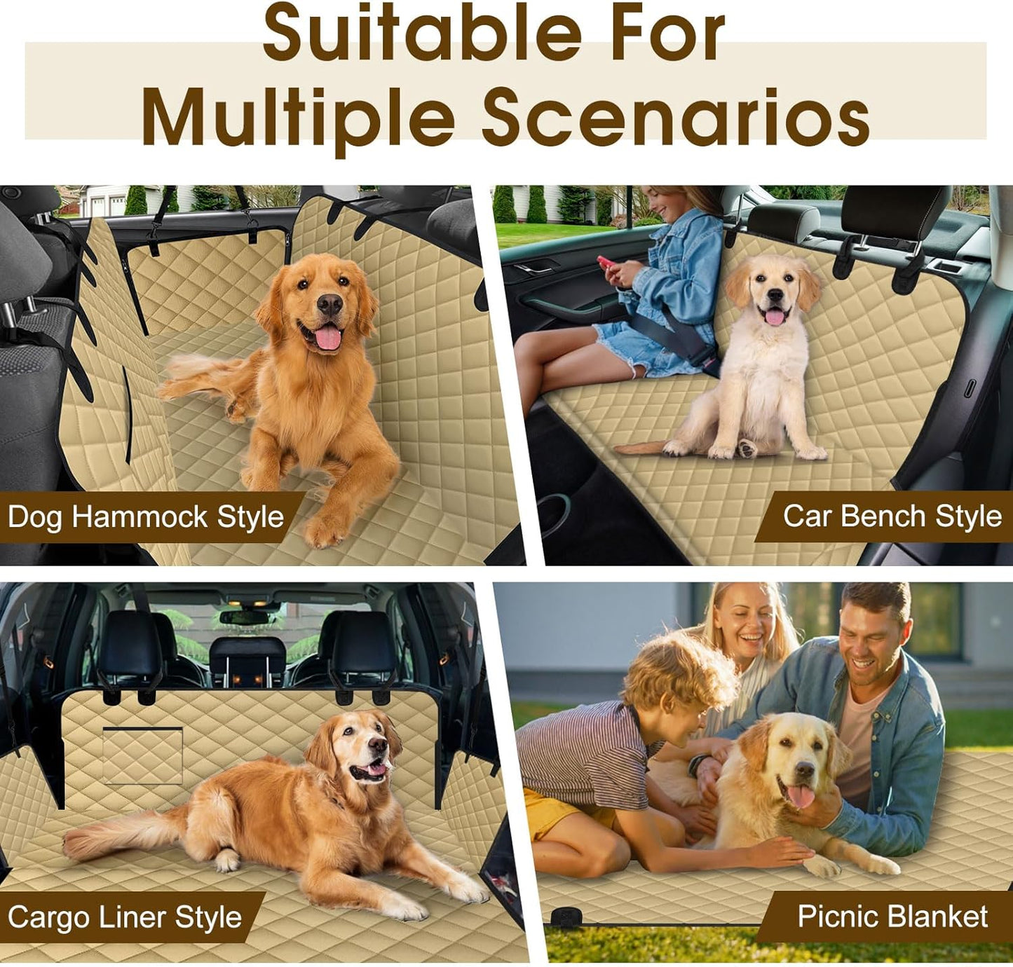 Waterproof Dog Car Seat Cover for Back Seat - Durable, Scratch Proof Pet Hammock with Nonslip Design & Storage Pockets, Fits Cars, SUVs, Trucks - L, Khaki/Black - Pet Explorer