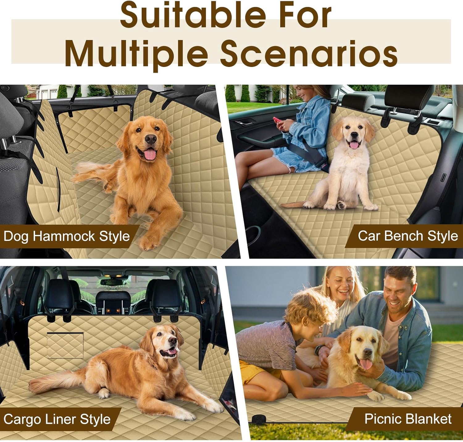 Waterproof Dog Car Seat Cover for Back Seat - Durable, Scratch Proof Pet Hammock with Nonslip Design & Storage Pockets, Fits Cars, SUVs, Trucks - L, Khaki/Black - Pet Explorer