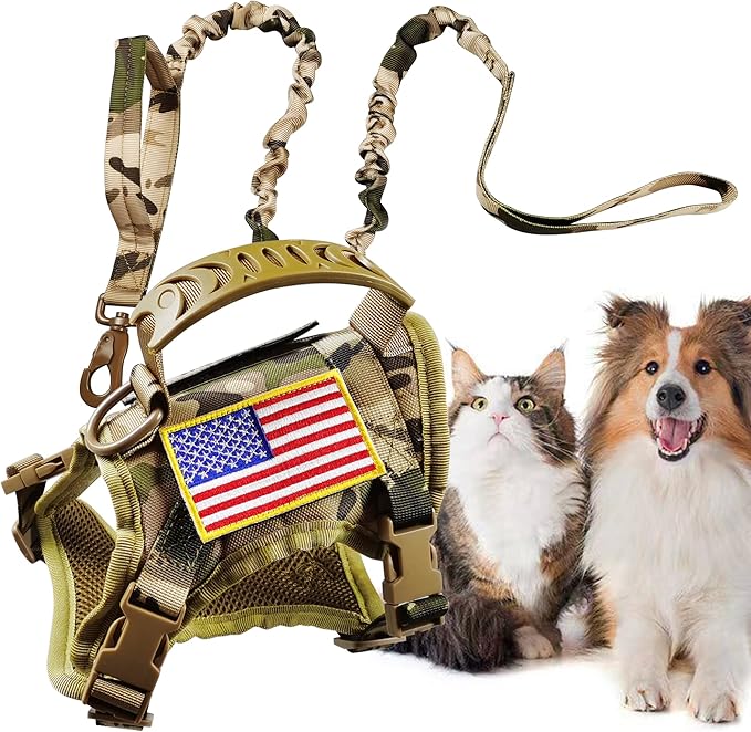 Tactical Cat Harness and Leash for Walking Escape Proof, Adjustable Military K9 Pet Vest Harness Easy Control for Large Cat, Puppy and Small Dog (Camo)