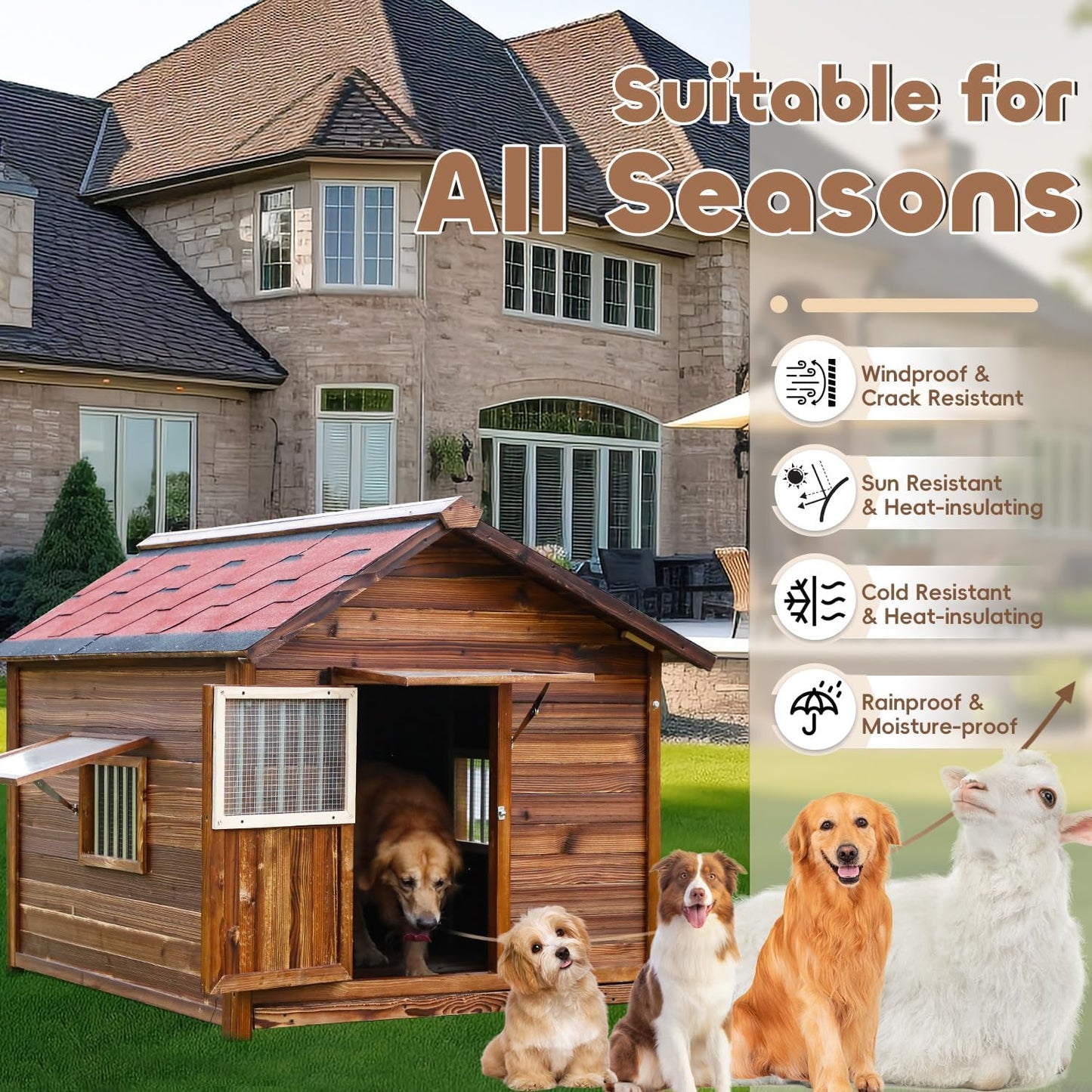 Outdoor Dog House, Natural Pine Wood Dog House with Elevated Floor, XL Outdoor Large Breed, XL-38.58''(D) X30.70''(W) X36.61''(H) - Pet Explorer