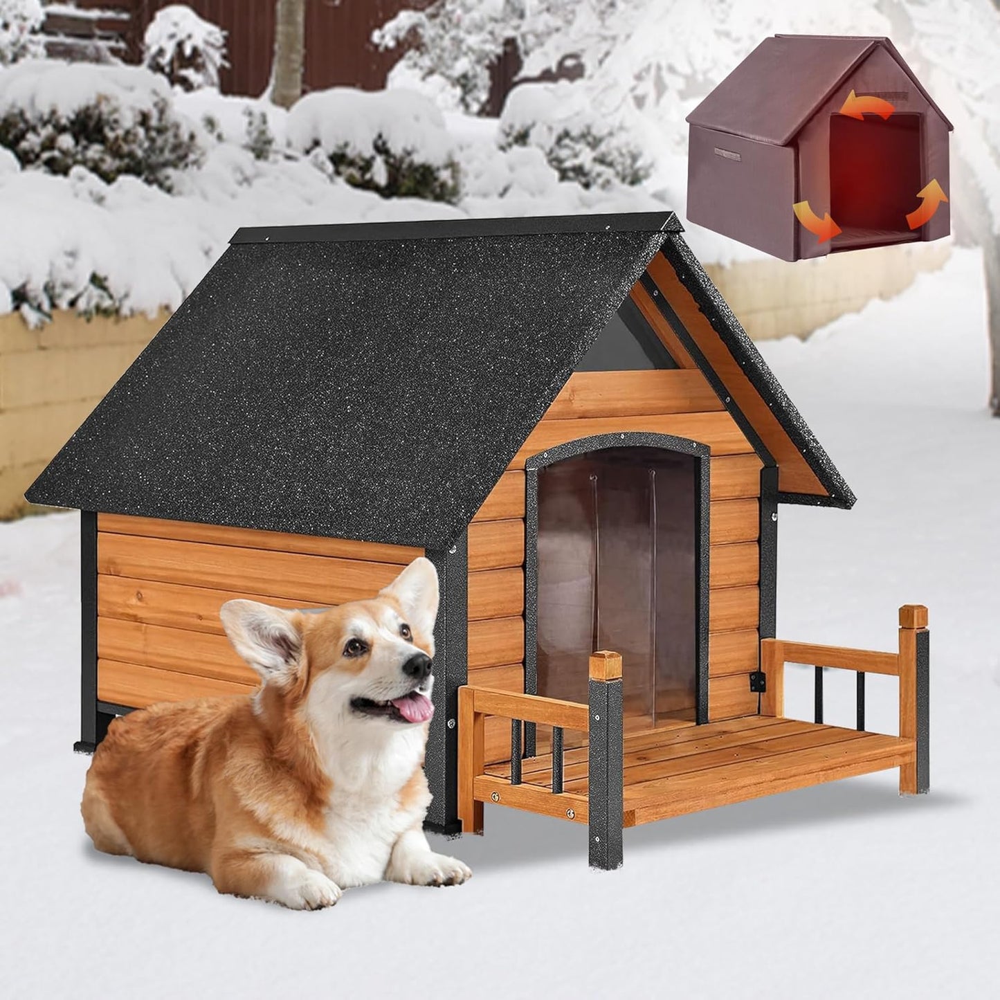 GUTINNEEN Insulated Dog House Outdoor, Waterproof Dog Kennel with Anti-Bite Design, Asphalt Roof, Elevated Base, PVC Curtain, for Small to Medium Dogs - Brown - Pet Explorer