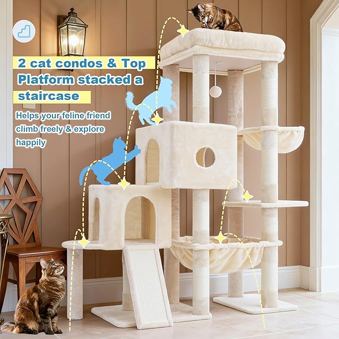 Hey-brother Cat Tree Tower, Scratching Posts with Big Platform, 2 Condos, Spacious Hammock, Cozy Basket, Sisal Board for Indoor Large Adults, 50 Inches Progressive Climbing House, Beige MPJ071M