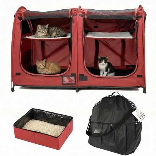 Mispace Portable Twin Compartment Show House Cat Cage/Condo - Easy to Fold & Carry Kennel - Comfy Puppy Home & Dog Travel Crate with Portable Carry Bag/Two Hammocks/Mats and Collapsible Litter Box
