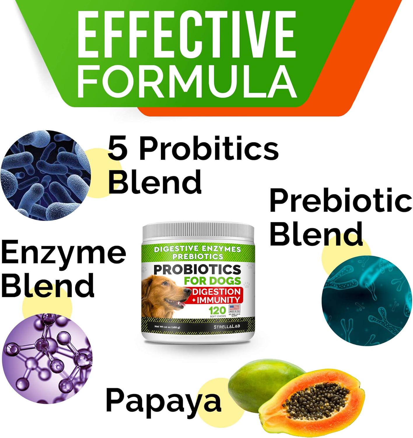 StrellaLab Pet Probiotics for Dogs & Digestive Enzymes - Digestion & Gut Health Treats, Dog Probiotics Chews, Fiber Supplement, Anti Diarrhea, Constipation, Upset Stomach&Gas Relief, Canine Prebiotic - Pet Explorer