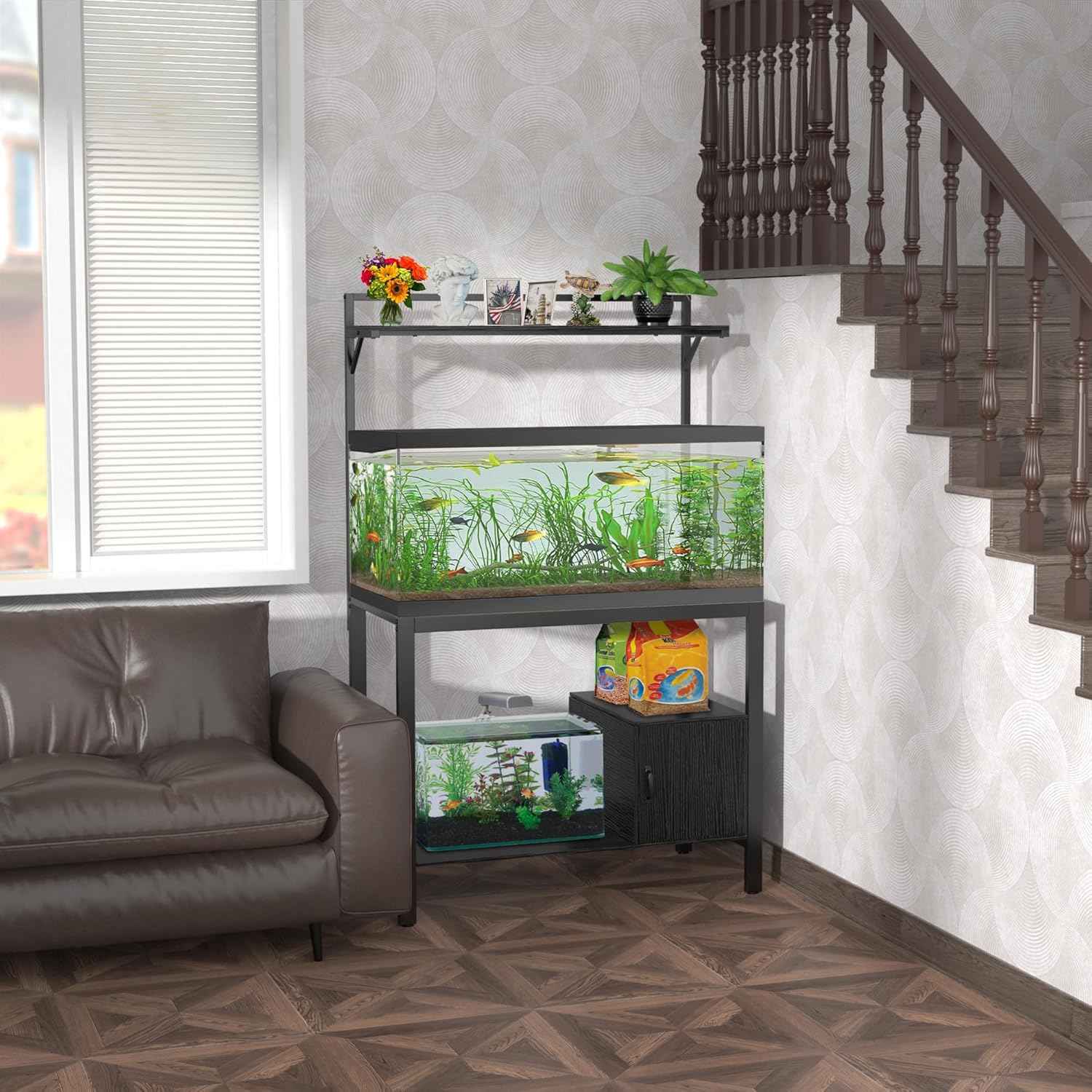 GDLF 40-50 Gallon Fish Tank Stand with Plant Shelf Metal Aquarium Stand with Cubby Storage 36.6" x 18.5" Tabletop fits Aquarium,Turtle Tank,or Reptile Terrariums