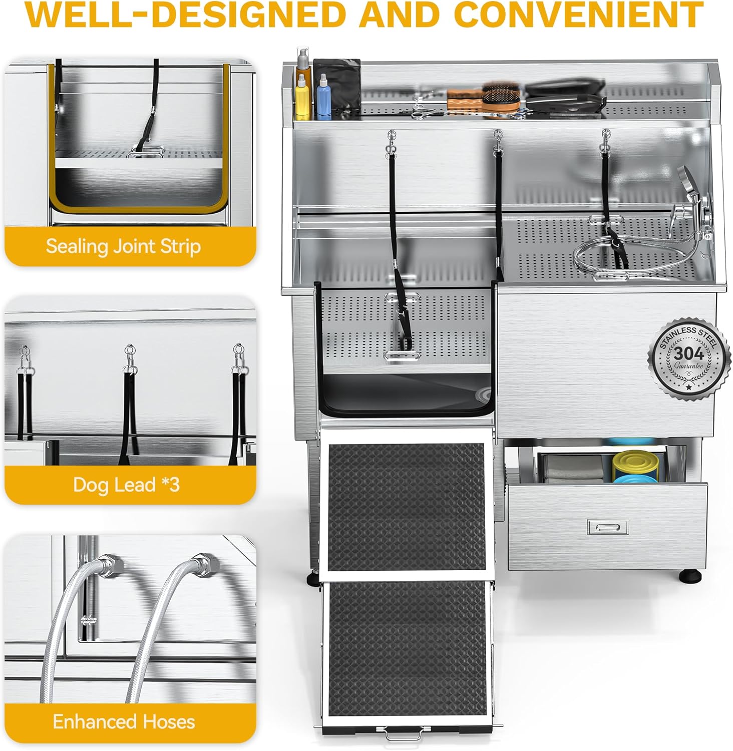 DWVO Professional Dog Bathing Station Stainless Steel 304 Pet Bathtub, 50in Dog Grooming Tub w/Right Door Ramp, 2 Storage Drawers, Grate, Pet Washing Station for Large, Medium, Small Pets - Pet Explorer