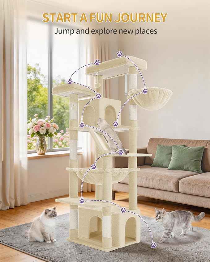 Large Cat Tree, 72 Inch Tall Indoor Cat Tower for 6 Large Cats, Corner Climbing Activity Pet Condo with 2 Large Platforms/2 Cats House/6 Scratching Post/1 Hanging Basket, Beige MS18318YG