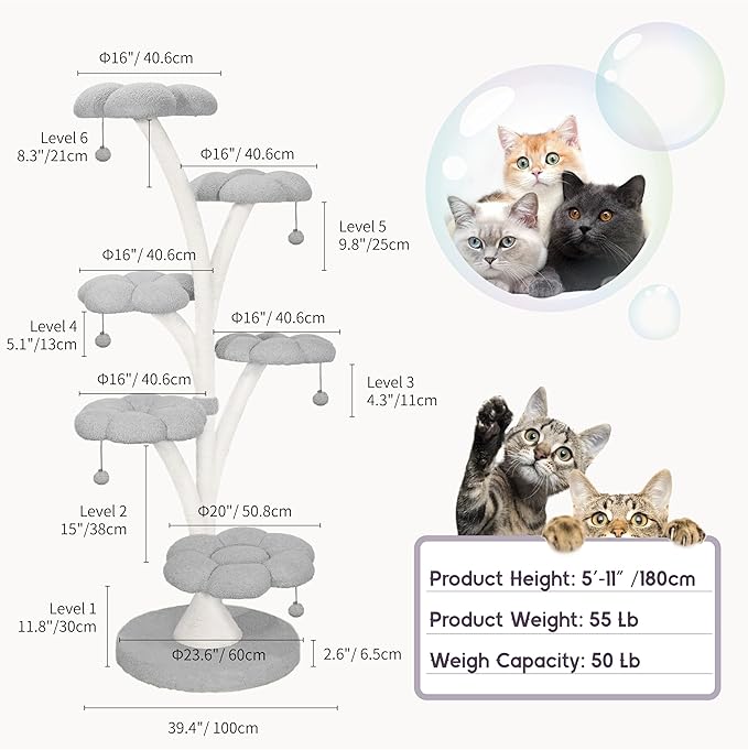 FKWin 71 Inch Tall Cat Tree, Flower Shape Scratching Post, Cat Scratcher, Cat Furniture for Indoor Cats, Kittens Pet House, Cat Bed with Hang Ball, Plush Cat Tower for Large and Small Cats(Gray)
