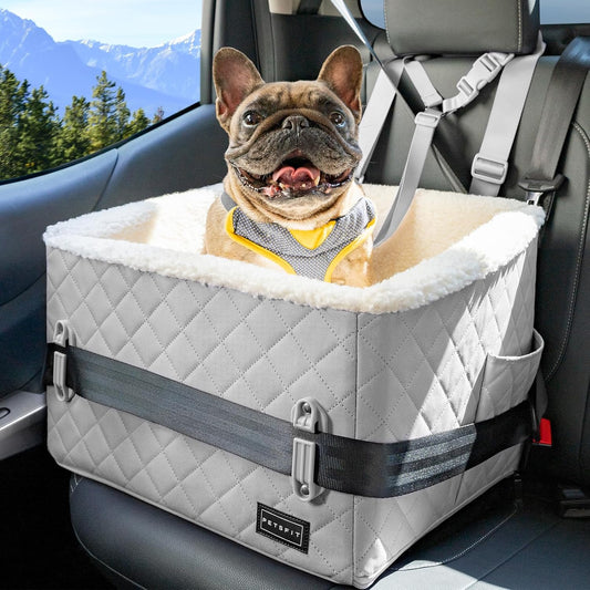 PETSFIT Small Dog Car Seat, Soft Foam Dog Booster Car Seat with Patented Safety Buckles, Storage Pockets and Detachable Clip-On Safety Leash, Dog Car Seat for Medium Dogs 30 LBS (Grey) - Pet Explorer
