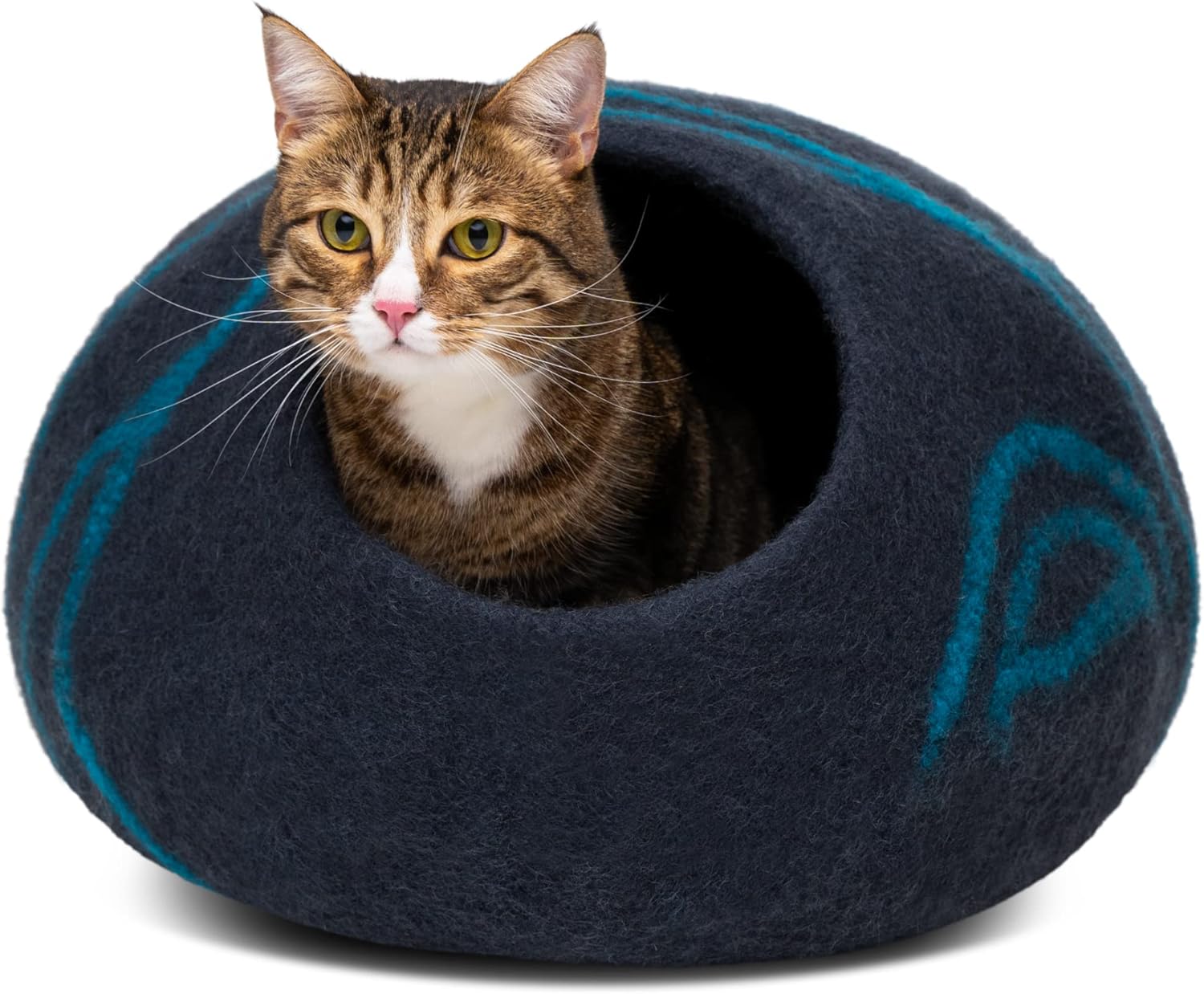 MEOWFIA Cat Cave – Premium Felt Cat Bed for Indoor Cats, Handmade 100% Merino Wool (Medium, Black Aqua) - Pet Explorer