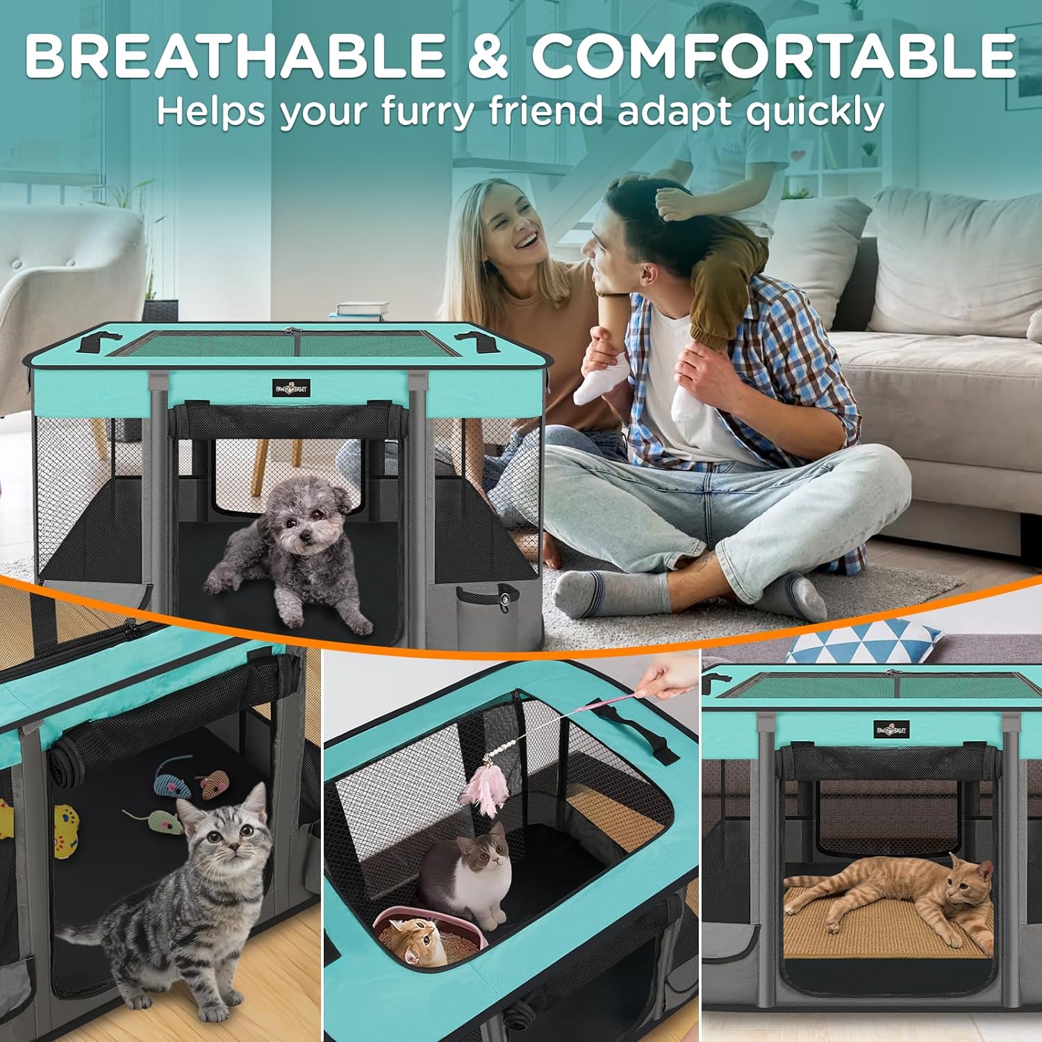 Foldable Pet Kitten Playpen, Waterproof Portable Pet Cat Dog Playpen Kennel Tent for Small Dog Cat, Removable Shade Cover, Come with Free Carrying Case, Indoor Outdoor Use for Small Animals, BlackTeal - Pet Explorer