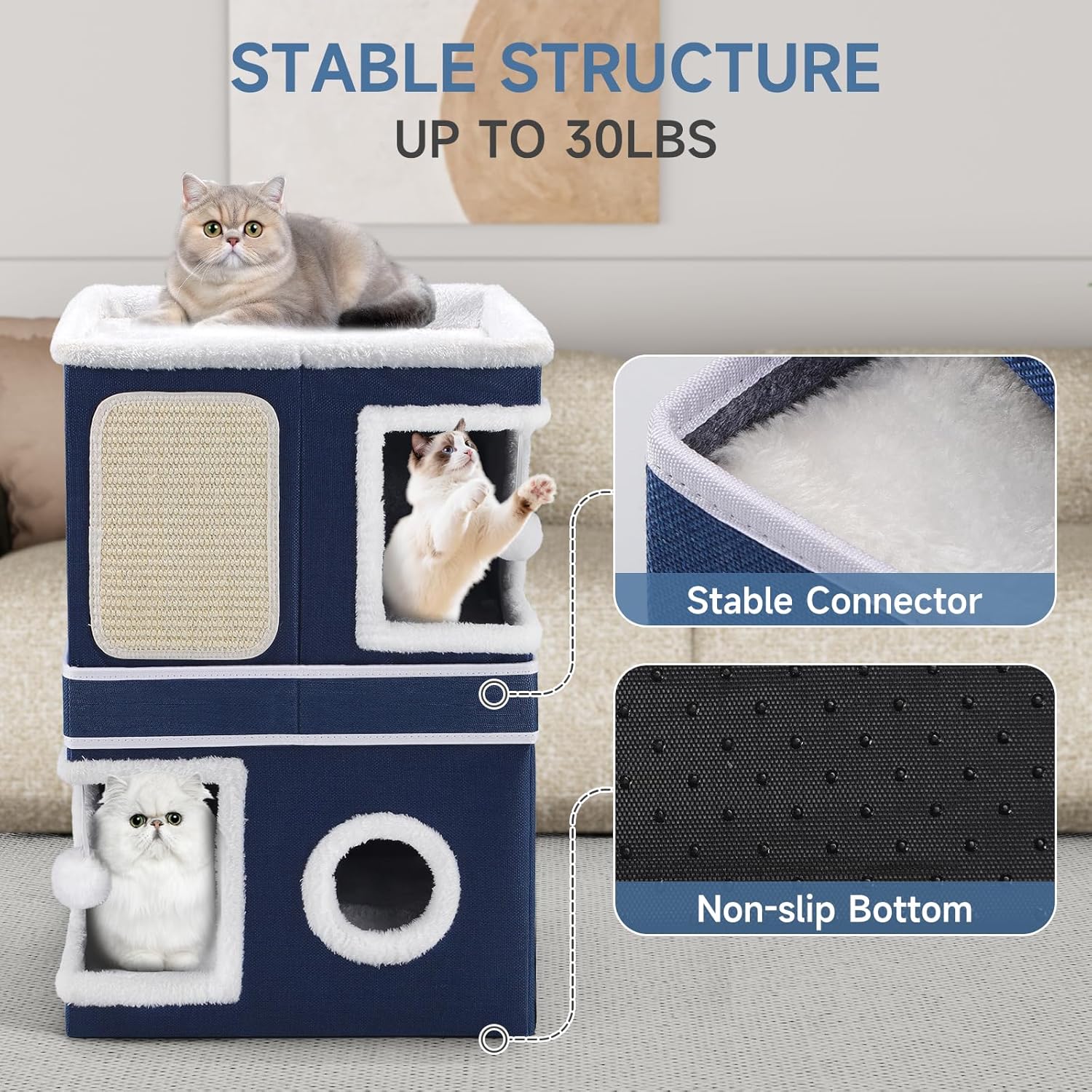 2-Storey Cat House for Indoor Cats, Large Double Cat Bed Cave with Hideaway Condos, Scratch Pads, Hanging Balls, Foldable Indoor Cat House Hold Up to 30LBS, Cat Cube for Multiple Cats Kitten, Blue - Pet Explorer