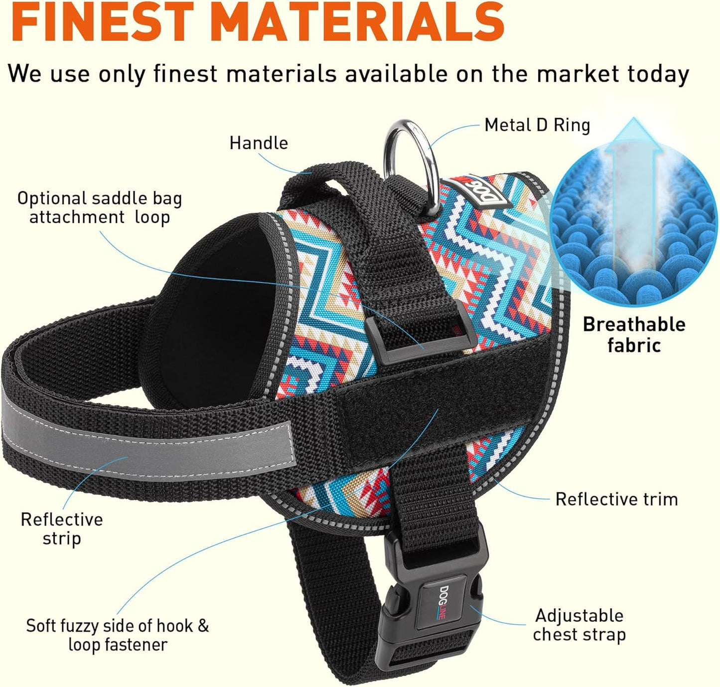Dogline Dog Harness, Reflective No-Pull Adjustable Vest with Handle for Walking, Training, Breathable, No - Choke Harness for Small, Medium or Large Dogs Room for Patches Aztec Design 2 L 27"-34"
