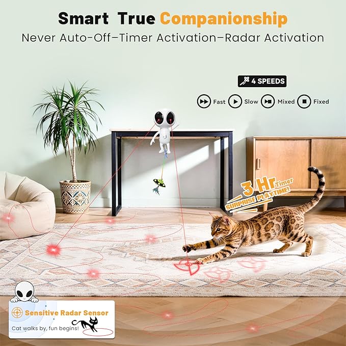 Cat Laser Toy, 2-in-1 Interactive Toys with Dual Laser & Catnip UFO Dangler, Smart Motion-Activated Random Trajectory, 4 Speed Modes, Rechargeable, Quiet & Clamp Design for Bored Indoor Cats