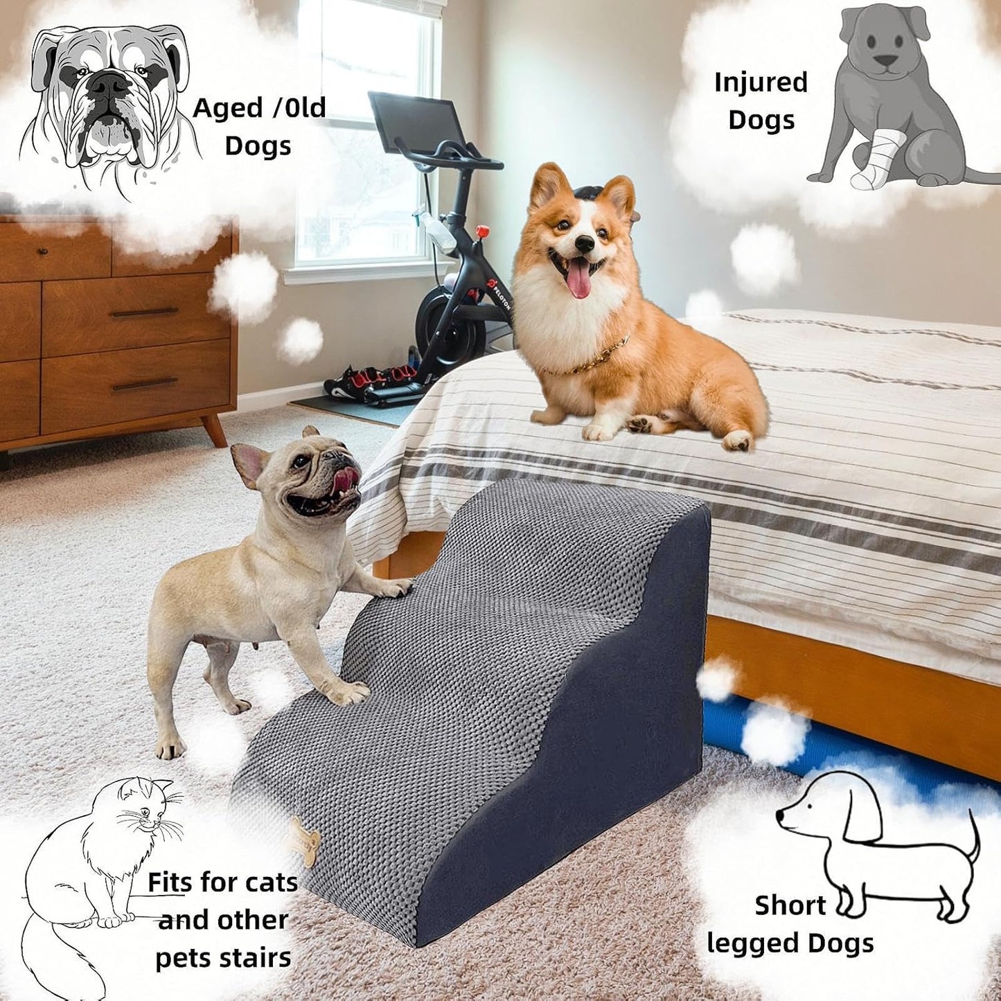 3-Step Dog Stairs for High Beds & Couches Multi-Step Non-Slip Pet Steps with Balanced Ramp Indoor 2 3 4 5 Step Stairs for Small to Large Dogs and Cats Non-Slip Stickers 30D Grey - Pet Explorer