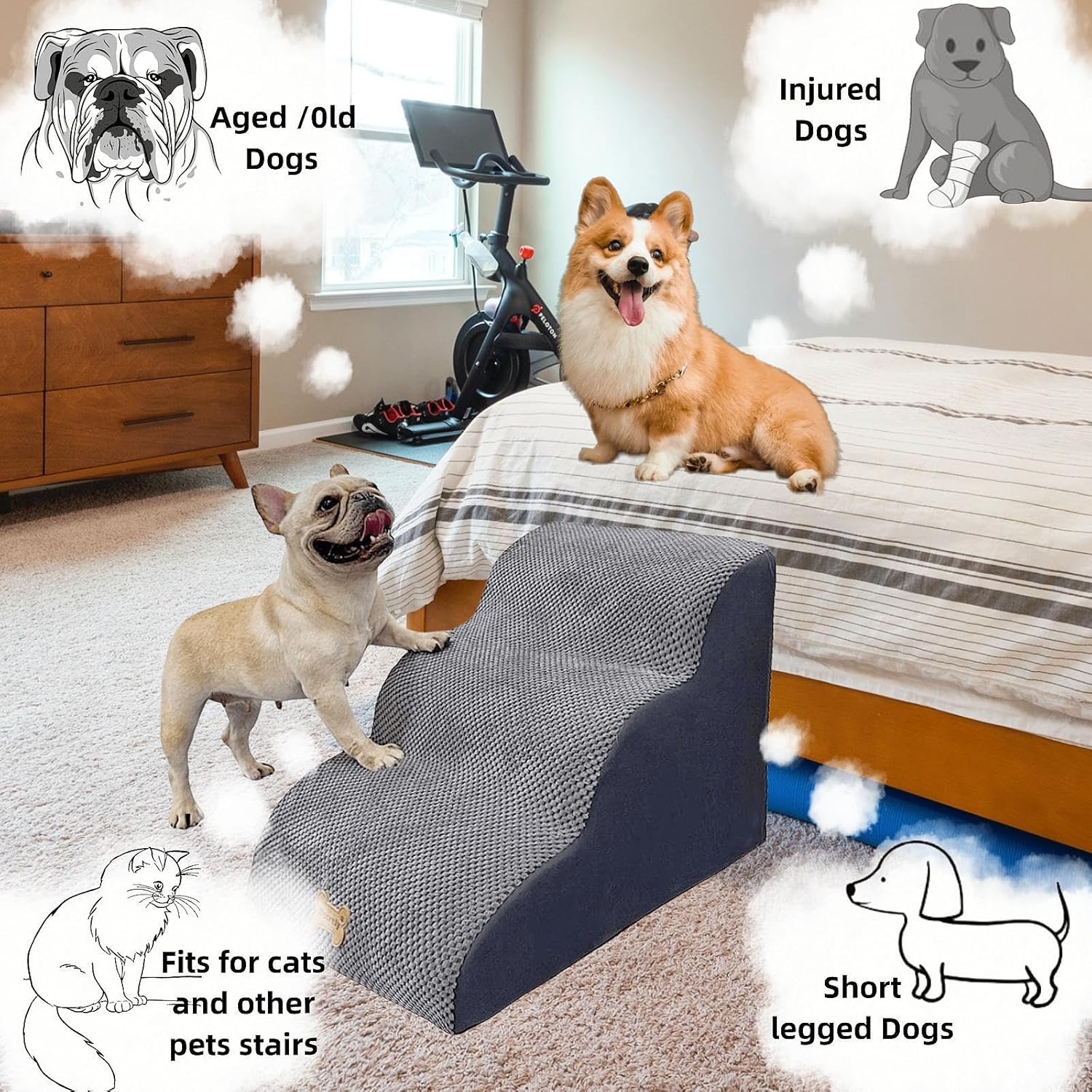 3-Step Dog Stairs for High Beds & Couches Multi-Step Non-Slip Pet Steps with Balanced Ramp Indoor 2 3 4 5 Step Stairs for Small to Large Dogs and Cats Non-Slip Stickers 30D Grey - Pet Explorer