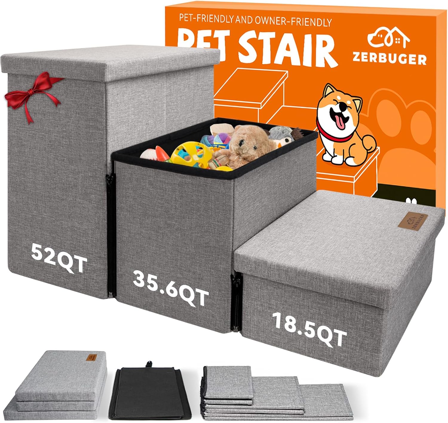 Wider Dog Stairs with Storage 18" H, 3-Step Sturdy Dog Steps for Large/Medium/Small Older Dogs Cats, Folding Pet Stairs Climbing Bed or Couch, Ramp for Car Up to 200 lbs (Gray, No Condo) - Pet Explorer