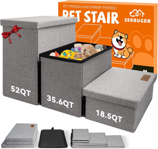 Wider Dog Stairs with Storage 18" H, 3-Step Sturdy Dog Steps for Large/Medium/Small Older Dogs Cats, Folding Pet Stairs Climbing Bed or Couch, Ramp for Car Up to 200 lbs (Gray, No Condo) - Pet Explorer