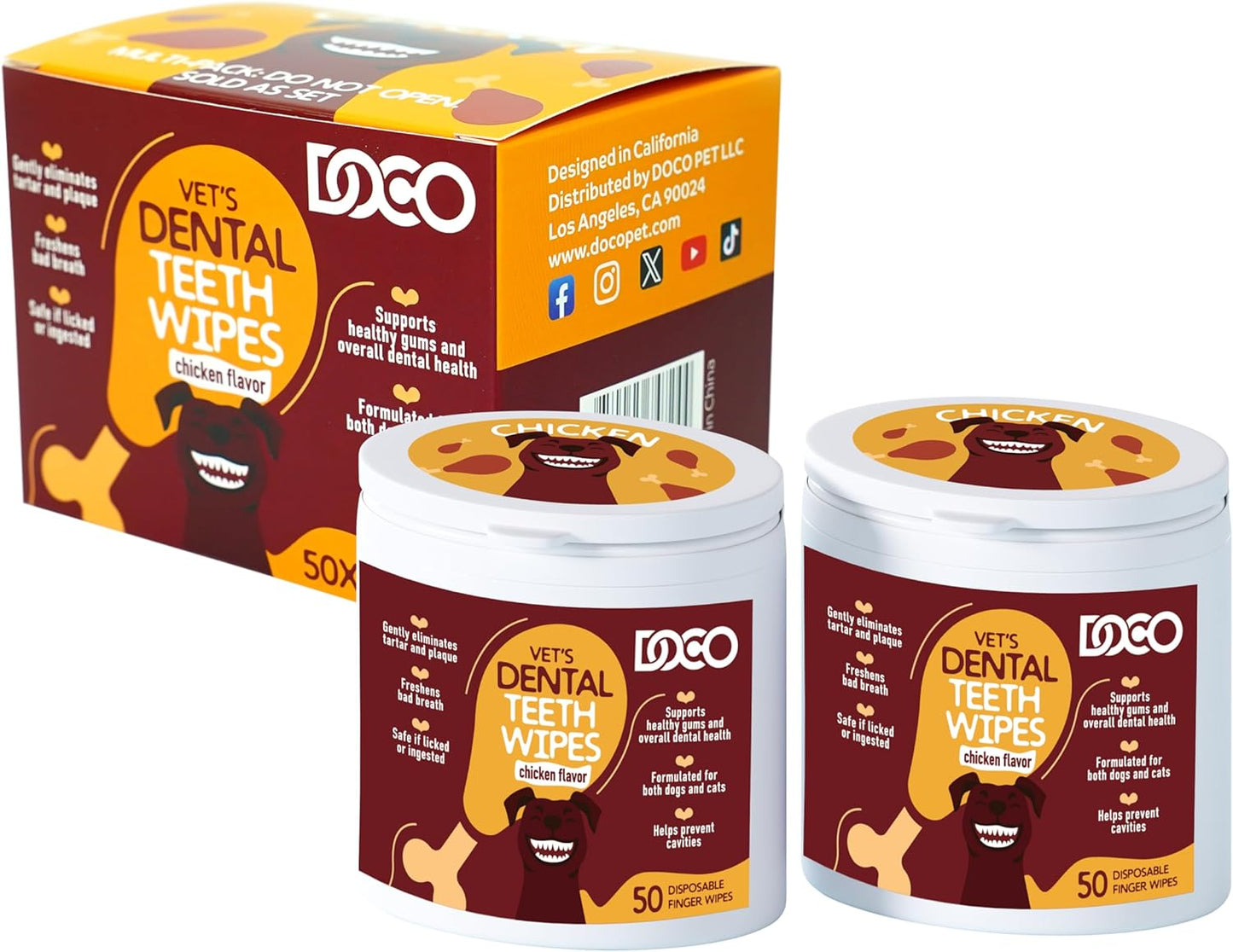 DOCO Dog Teeth Cleaning Wipes Dental Finger Wipes for Cats & Dogs Remove Plaque & Tartar, Freshen Breath, No Rinse, Easy & Effective Pet Tooth Cleaning Kit for Oral Care, Chicken Flavor, 100 Count - Pet Explorer