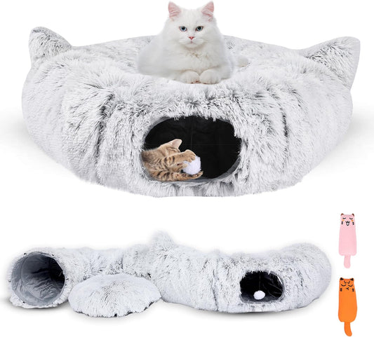 Cat Tunnel Bed Cave with Catnip Toys - Peekaboo Cat Hideaway & Cat Donut Tunnel - 3-in-1 Cat Tunnels for Indoor Cats - Foldable Cute Cat Bed - 32" Washable - Pet Explorer
