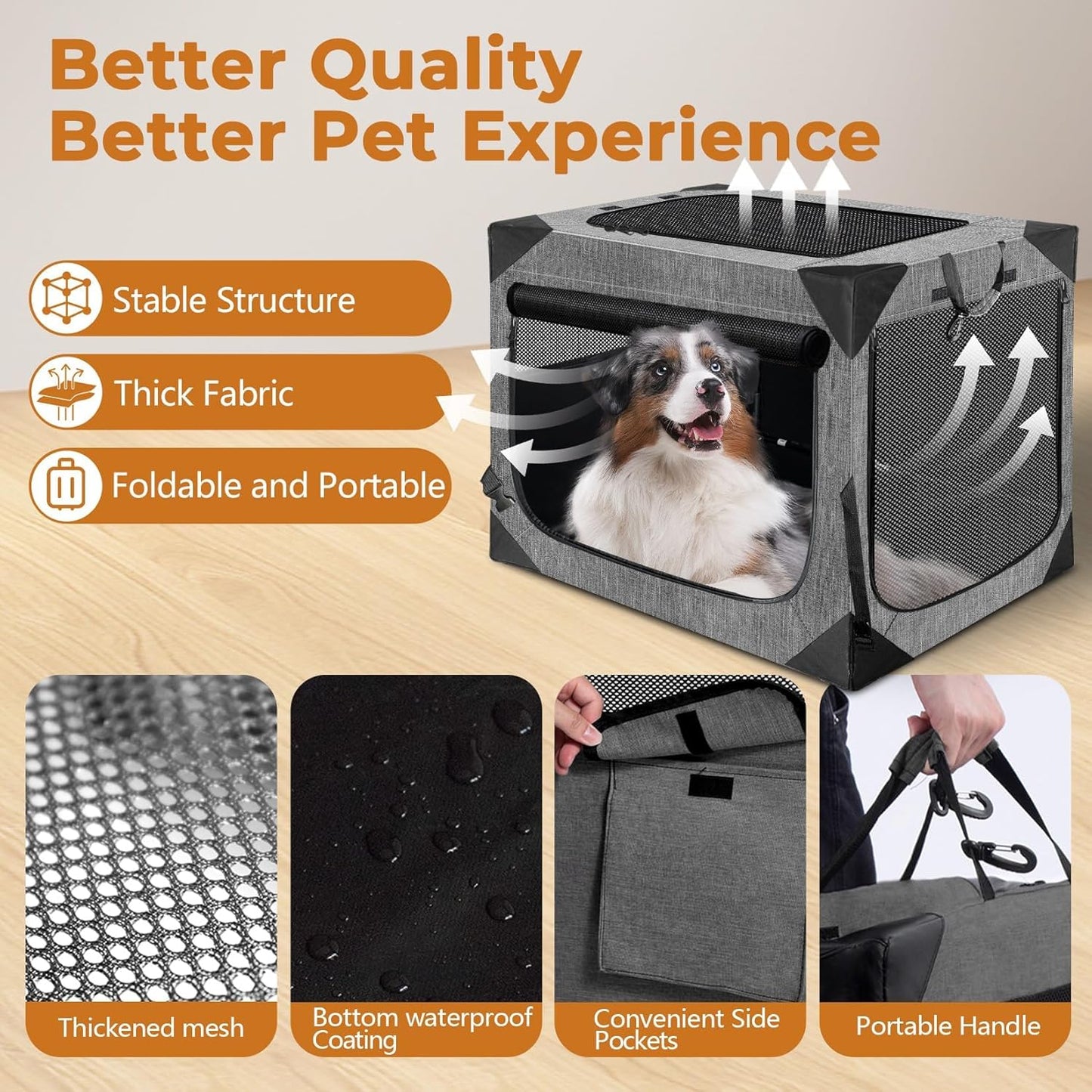 Dog Crate, Collapsible Soft Travel Crate for Large Dogs (3 Year Warranty), Indoor & Outdoor Portable Pet Kennel with Chew-Proof Mesh Window (Dark Gray, 36" L x 25" W x 25" H)