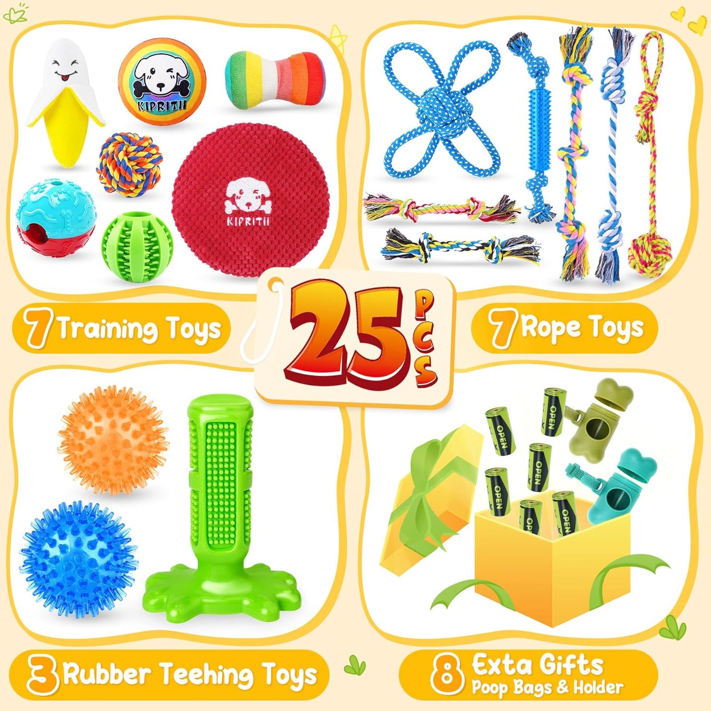 KIPRITII 25 Pack Various Puppy Dog Toys for Teething, Entertainment & Interaction, Puppy Chew Toys Pack with Rope Toy, Treat Balls and Dog Squeaky Toys for Puppies & Small Dogs - Pet Explorer