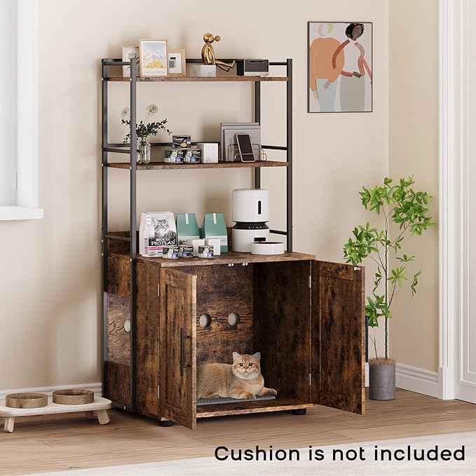Cat Litter Box Enclosure, Hidden Litter Box Furniture with 3 Storage Shelves and Doors, Rustic Indoor Cat Cabinet, Multi-Functional Storage for Food, Cats Toilet Furniture