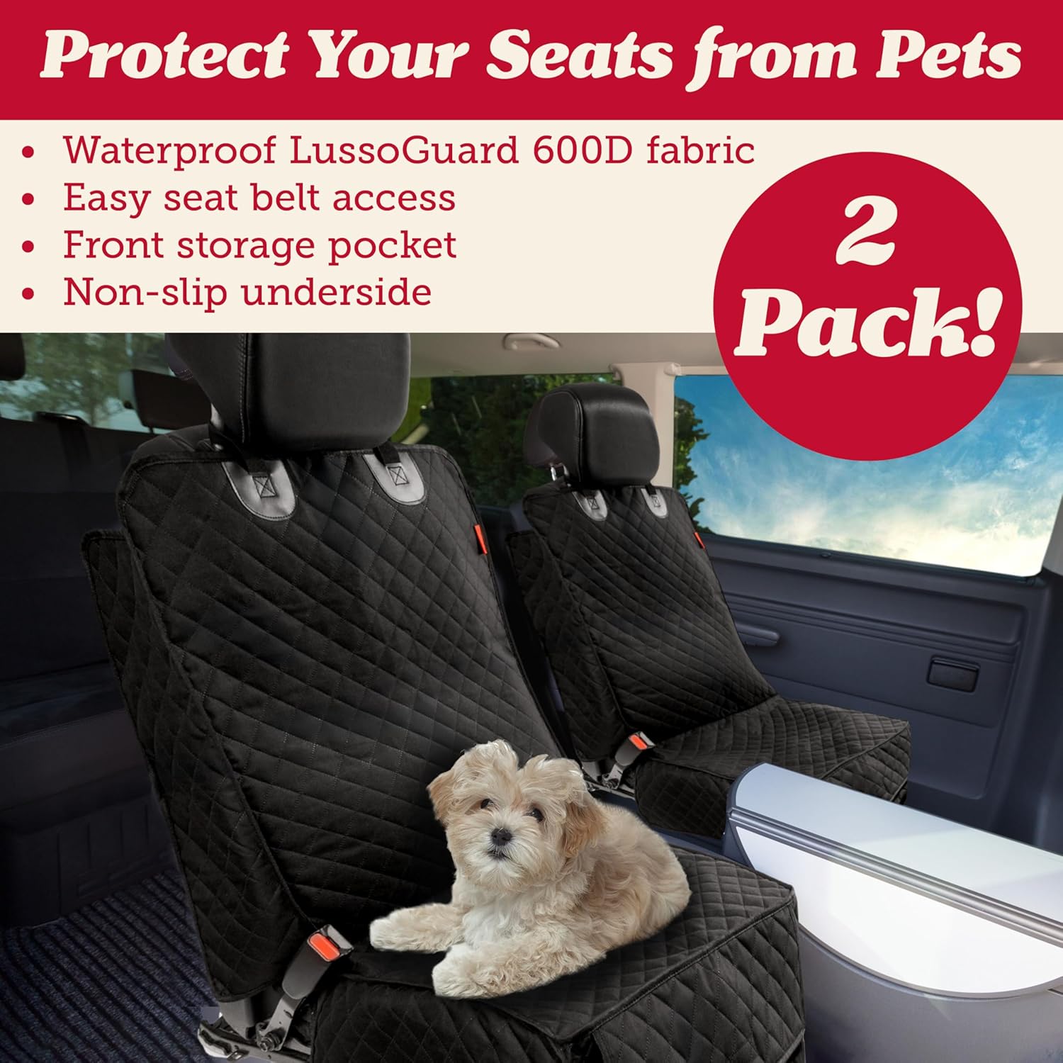Lusso Gear Dog Car Seat Cover for Front Seat (2 Pack) - 100% Waterproof, Nonslip - Full Protection for Passenger Chair, Captain Chairs - Rear Seat Protector for Dogs - Fits Cars, Trucks, SUVs - Pet Explorer