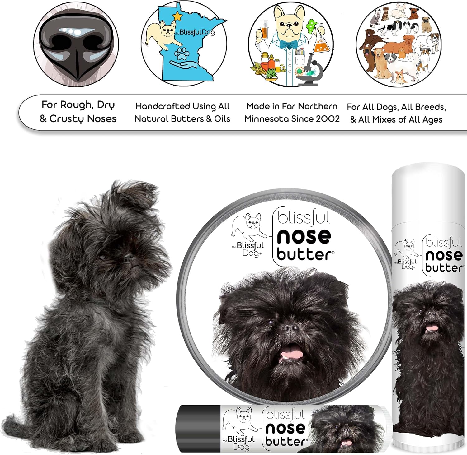 The Blissful Dog Affenpinscher Nose Butter for Dry, Cracked Skin, Lick-Safe Dog Nose Balm with Moisturizing Shea Butter, Almond, Olive, and Essential Oils, Pet Supplies, Uncented, 2 oz. - Pet Explorer