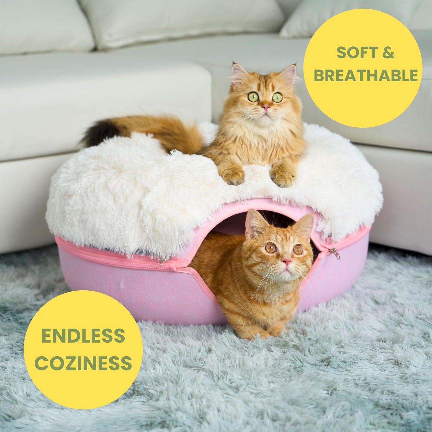 CATTASAURUS Peekaboo Cat Cave for Multiple & Large Cats Up to 30-45 Lbs, Fluffy Cat Beds for Indoor Cats, Scratch Detachable & Washable Tunnel Bed, Comfy Donut Cat Cave (Pink, Large (Calming)) - Pet Explorer
