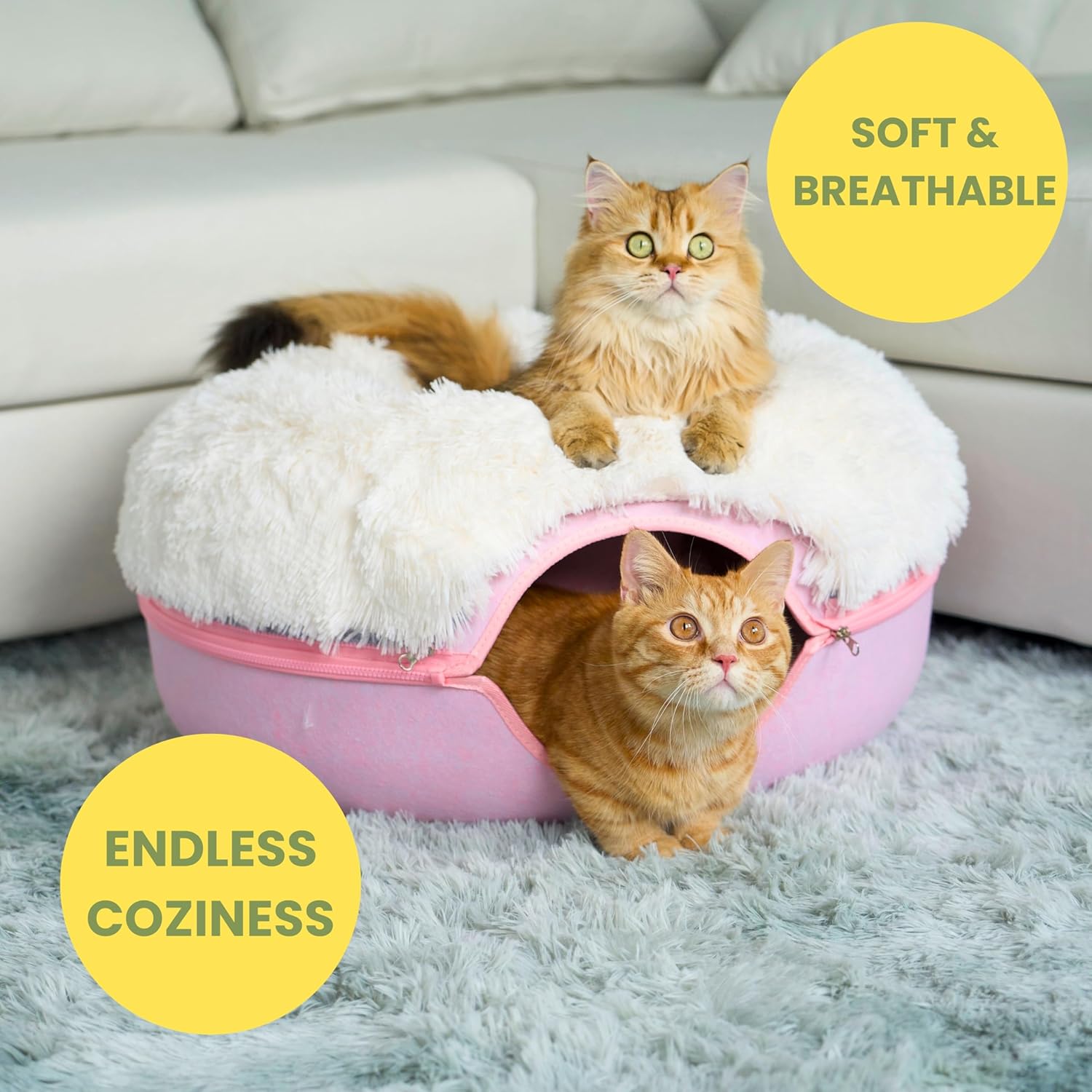 CATTASAURUS Peekaboo Cat Cave for Multiple & Large Cats Up to 30-45 Lbs, Fluffy Cat Beds for Indoor Cats, Scratch Detachable & Washable Tunnel Bed, Comfy Donut Cat Cave (Pink, Large (Calming)) - Pet Explorer