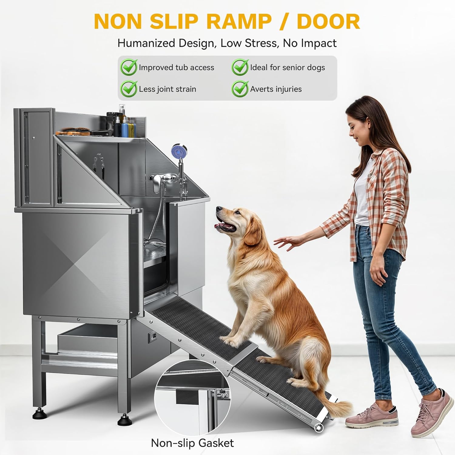 DWVO Professional Dog Bathing Station Stainless Steel 304 Pet Bathtub, 50in Dog Grooming Tub w/Right Door Ramp, 2 Storage Drawers, Grate, Pet Washing Station for Large, Medium, Small Pets - Pet Explorer