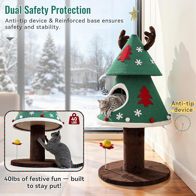 DWVO Christmas Cat Houses for Indoor Cats, Christmas Cat Tree Tower with 2 Cozy Houses, Kitty Furniture with Teaser Plaything for Christmas Decoration