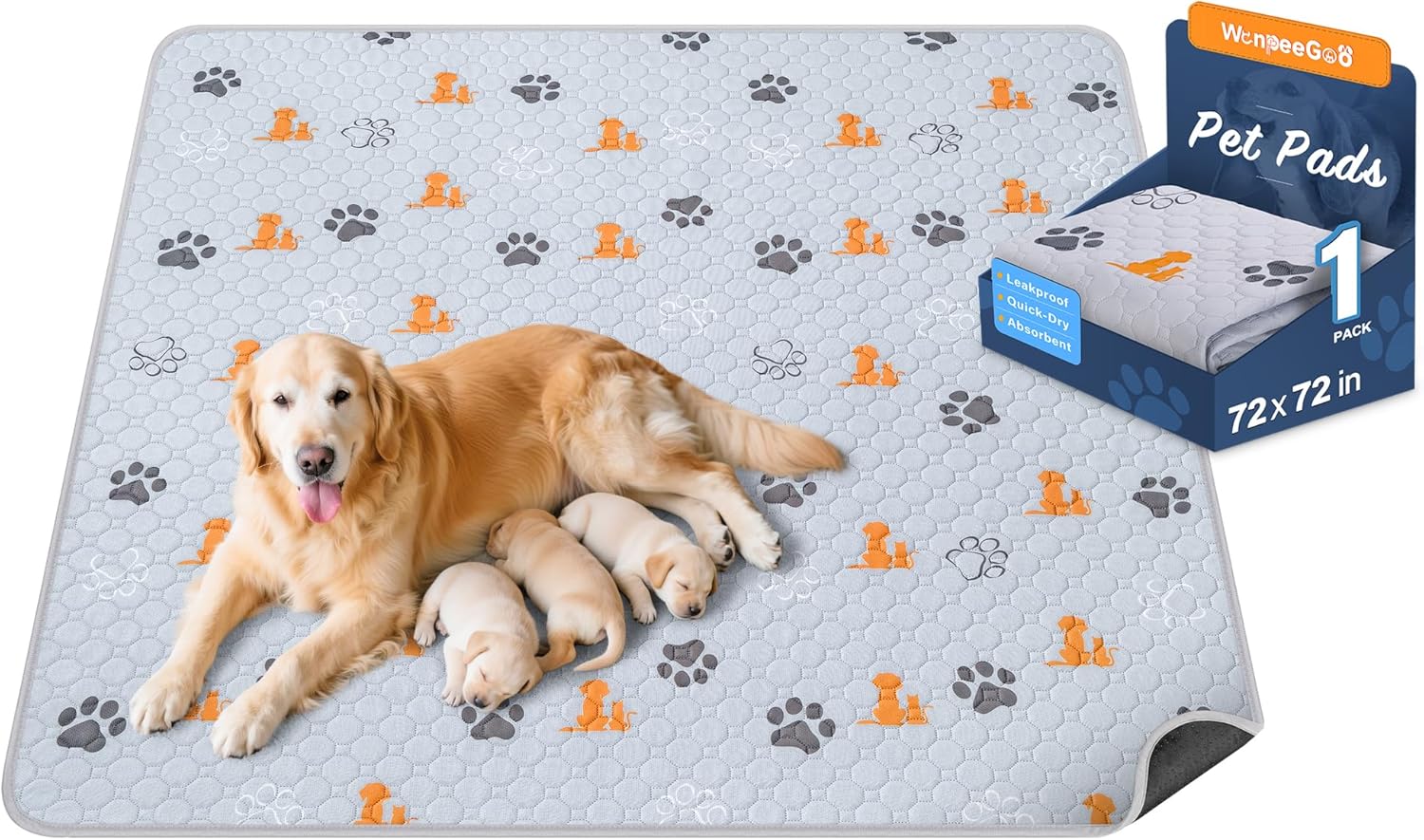 Washable Pee Pads for Dogs, 1 Pack Absorbent Reusable Training Dog Pads Pet Puppy Pads, Non-Slip Potty Pads for Whelping, Playpen, Crate, Bed, Orange, 72"x72" - Pet Explorer