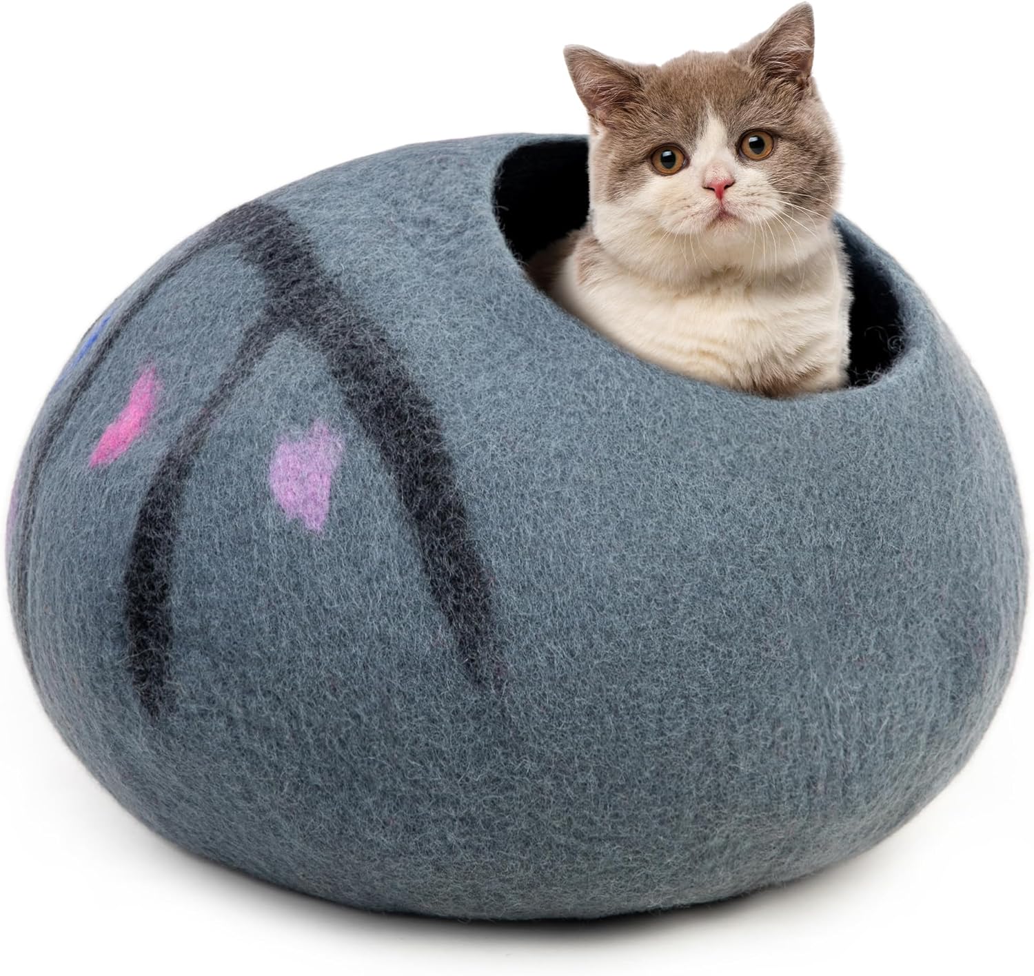 Woolygon Premium Felt Cat Cave Bed – Wool Kitty Beds Handcrafted Kitten Caves Bed for Indoor Cats - Made from 100% Eco-Friendly Merino Wool, Foldable Cat Hidewawy Covered Cat Houses (Enchanted Tree) - Pet Explorer