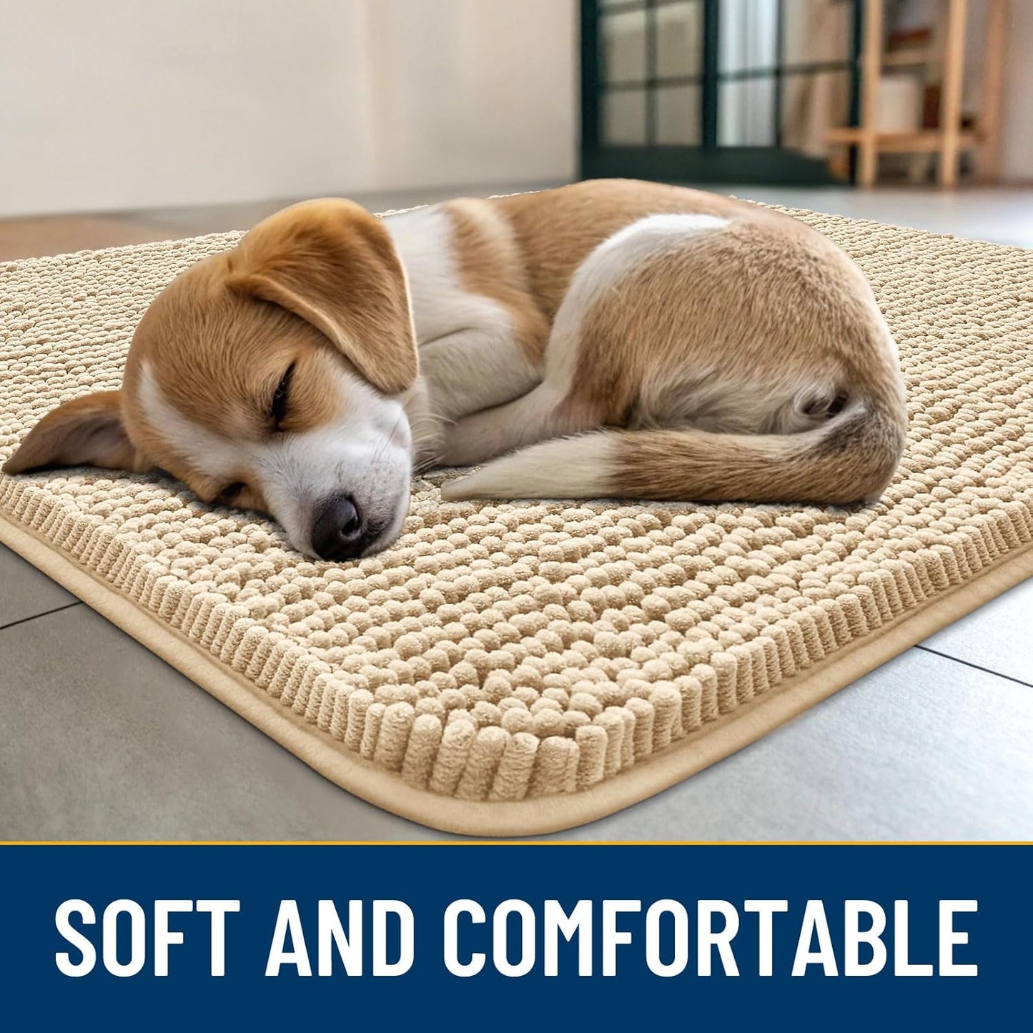 Smiry Dog Door Mat for Muddy Paws 70x32, Absorbs Moisture and Dirt Doormat, Non-Slip Washable Quick Dry Chenille Front Door Mat Indoor Entrance, Entryway Carpet for Inside Floor, Beige