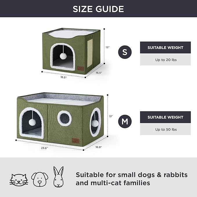 Bedsure Large Cat Beds for Indoor Cats - Extra Wide Cat Cube House for Small Pet with Fluffy Ball Hanging and Scratch Pad, Foldable Pet Cave Hideaway for Multiple Cats, 23.6x16.9x13 inches