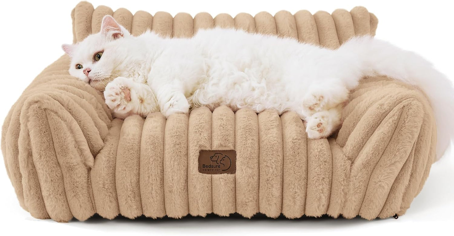 Bedsure Cute Cat Couch for Pets - Fluffy Cat Sofa with Premium Soft Corduroy Fleece, Fuzzy Pet Couch Bed with Removable Washable Cover, Supportive Pet Chair for Indoor Cats, 24inch, Tuscan Beige - Pet Explorer
